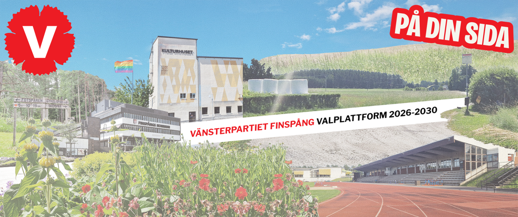 Ett collage med foton på olika delar i Finspång; motionsspår, Kulturhuset, regnbågsflagga, kommunhus, landsbygden, löparbana och blommor på ett torg.