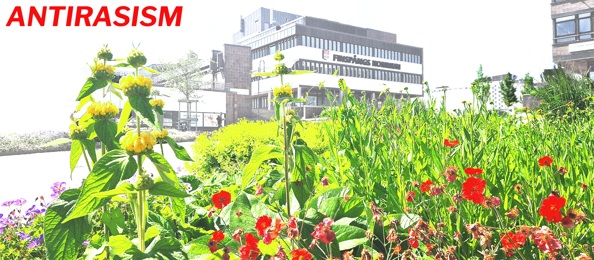 I bakgrunden syns en byggnad med skylten "Finspångs kommun". Blommor och grönska i förgrunden. Text i bild: antirasism