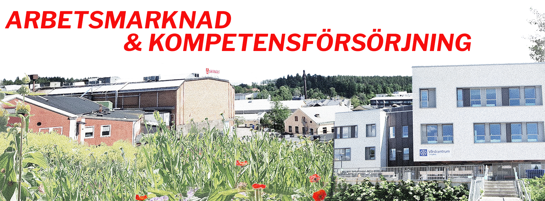Olika hus där många i Finspång arbetar. I förgrunden grönska och blommor. Text i bild: Arbetsmarknad & kompetensförsörjning.