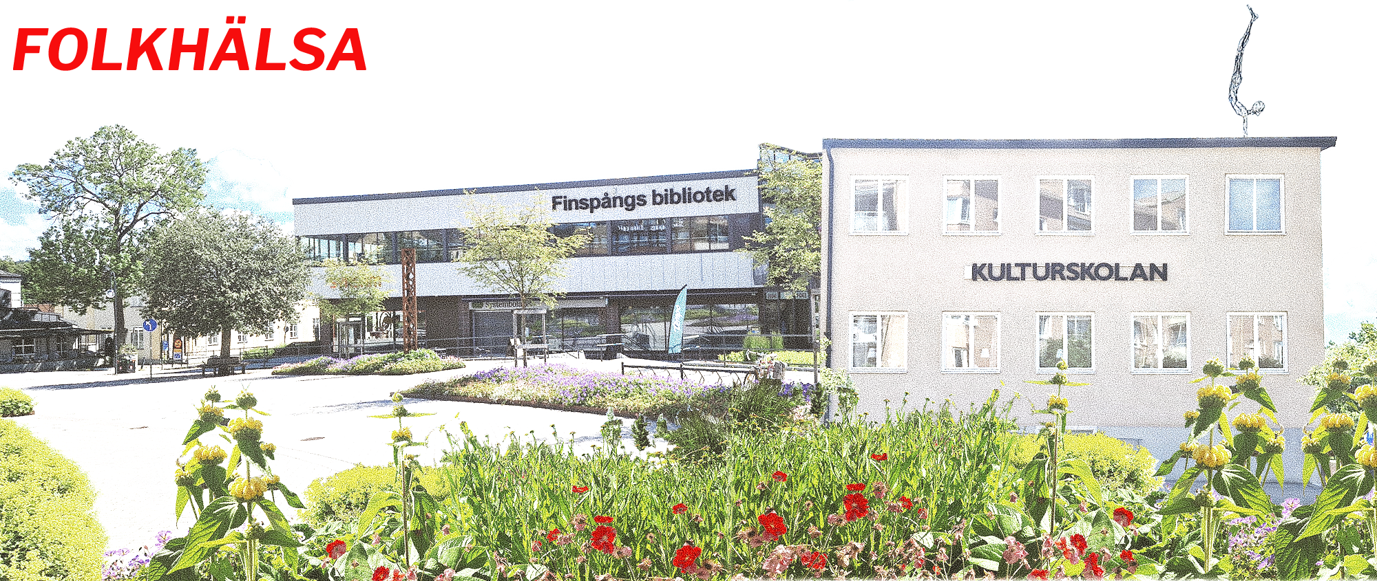 Finspångs bibliotek med gata och växtlighet framför. Till höger i bild är Kulturskolans byggnad inklippt. I förgrunden grönska och blommor.